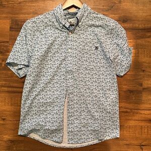 Huk Short Sleeve Button-Down Shirt - White with Blue Print